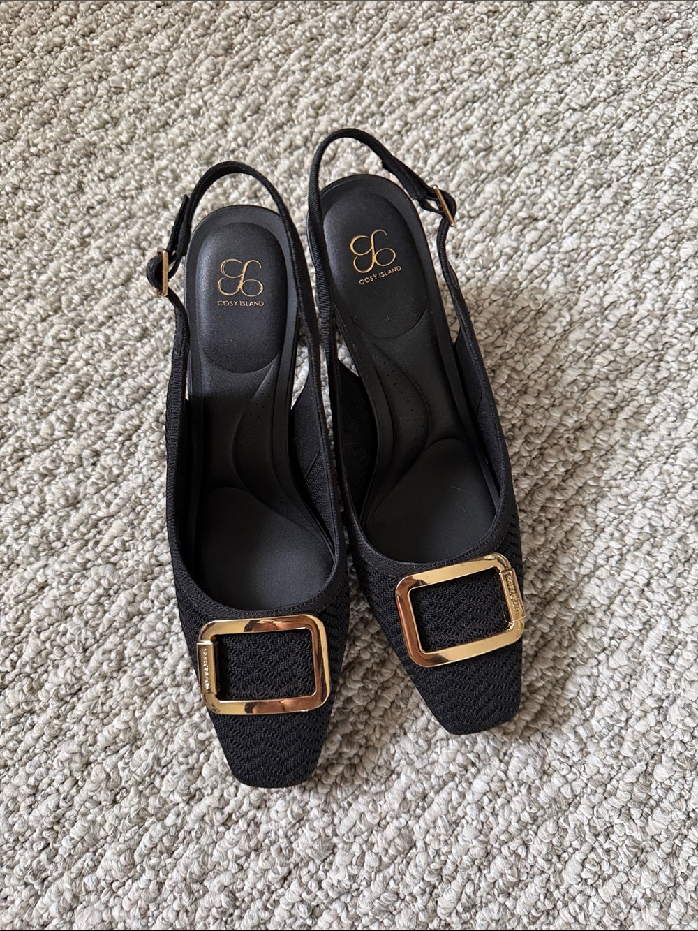 Cosy island Black Slingback Flats with Gold Buckle size 8